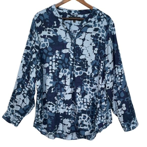 Diane Gilman 2X Blue Abstract Print Long Sleeve Popover‎ Blouse Top - Picture 1 of 9